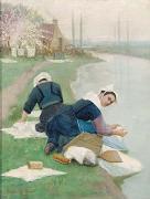 Lionel Walden Women Washing Laundry on a River Bank, oil painting by Lionel Walden oil on canvas